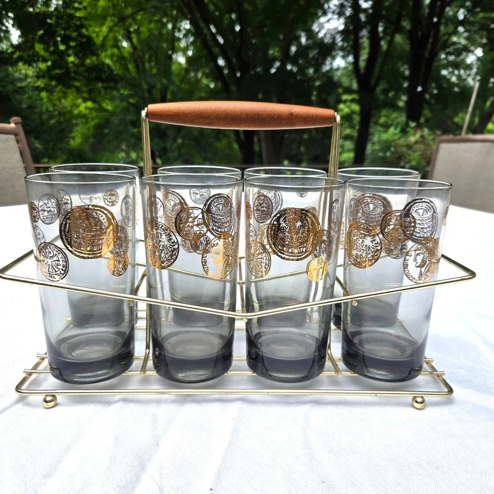 Vtg Highball Glasses Set 8 clear + Smoky Grey Gold Roman Coin MCM Barware Caddy